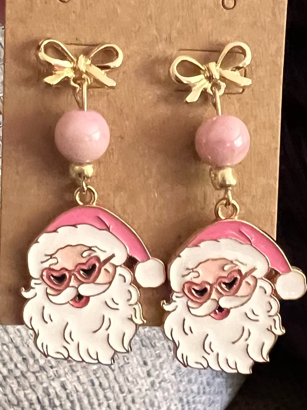 Pink Santa Dangle Earrings with Bow Accents